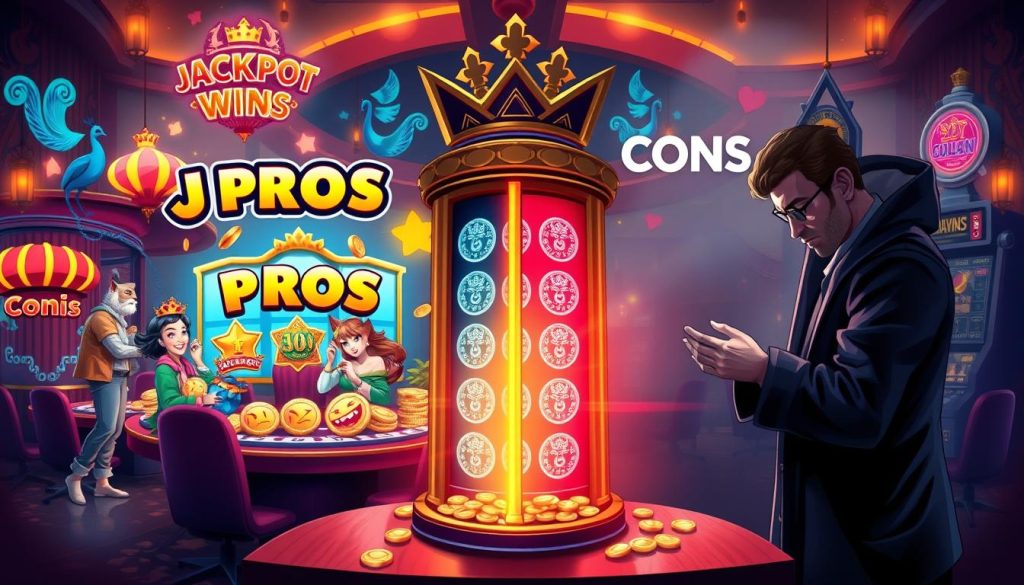 A detailed illustration showing the pros and cons of playing the Cat Queen slot game. In the foreground, display a split-screen design with visuals representing pros on one side: vibrant icons of jackpot wins, happy players celebrating, and symbols of bonuses and rewards. The background features a whimsical, enchanted casino environment with playful cats and peacock motifs, evoking an aura of excitement and playfulness. On the opposite side, illustrate the cons: a concerned player examining lost coins, a dimly lit slot machine, and subtle signs of frustration, all rendered in cooler tones. The lighting is warm and inviting on the pros side, while shadowy and subdued on the cons side. Use a high-resolution perspective to capture details, creating a balanced, engaging atmosphere that speaks to diverse slot player experiences. A detailed illustration showing the pros and cons of playing the Cat Queen slot game. In the foreground, display a split-screen design with visuals representing pros on one side: vibrant icons of jackpot wins, happy players celebrating, and symbols of bonuses and rewards. The background features a whimsical, enchanted casino environment with playful cats and peacock motifs, evoking an aura of excitement and playfulness. On the opposite side, illustrate the cons: a concerned player examining lost coins, a dimly lit slot machine, and subtle signs of frustration, all rendered in cooler tones. The lighting is warm and inviting on the pros side, while shadowy and subdued on the cons side. Use a high-resolution perspective to capture details, creating a balanced, engaging atmosphere that speaks to diverse slot player experiences.