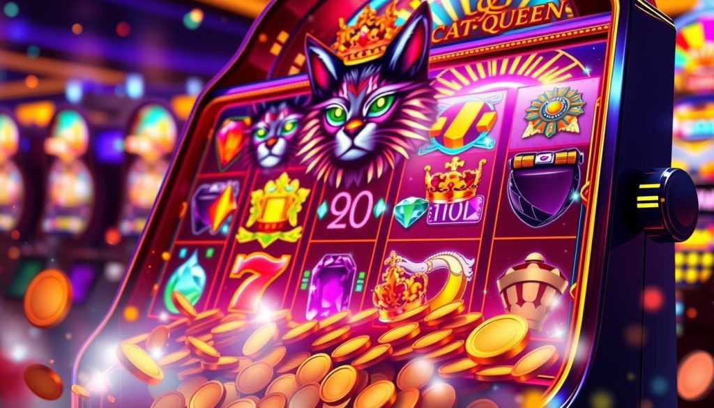 A vibrant and detailed depiction of a slot machine themed around the Cat Queen, showcasing the vibrant reels filled with exotic symbols like jewels, crowns, and majestic cats. In the foreground, showcase the slot machine with coins cascading down, illustrating the excitement of big payouts. The middle layer features a captivating blend of colorful lights emanating from the machine, enhancing the sense of winnings. The background is a glittering casino environment, filled with abstract shapes of other slot machines and soft bokeh lights, creating a lively atmosphere. The scene is illuminated with warm, inviting lighting, evoking a sense of thrill and anticipation. The angle is slightly tilted to add dynamism, emphasizing the reels and the coins in motion. A vibrant and detailed depiction of a slot machine themed around the Cat Queen, showcasing the vibrant reels filled with exotic symbols like jewels, crowns, and majestic cats. In the foreground, showcase the slot machine with coins cascading down, illustrating the excitement of big payouts. The middle layer features a captivating blend of colorful lights emanating from the machine, enhancing the sense of winnings. The background is a glittering casino environment, filled with abstract shapes of other slot machines and soft bokeh lights, creating a lively atmosphere. The scene is illuminated with warm, inviting lighting, evoking a sense of thrill and anticipation. The angle is slightly tilted to add dynamism, emphasizing the reels and the coins in motion.